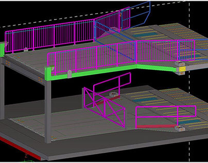 3D structural detailing model of an elevated steel platform with ramps and railings