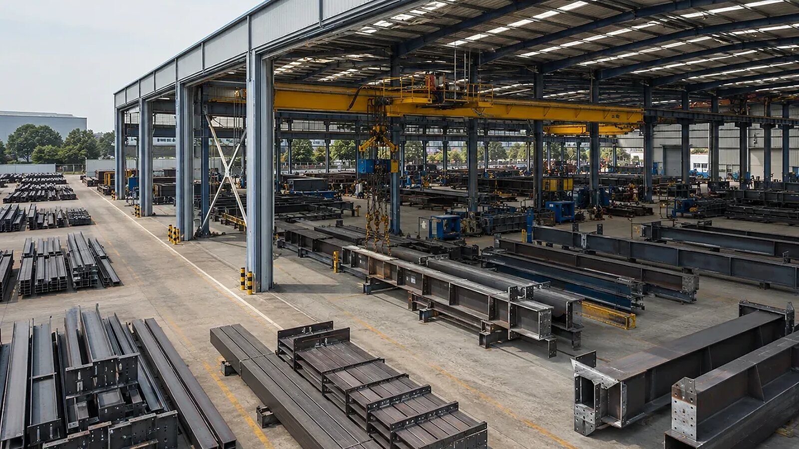 Large steel fabrication hall with overhead crane and structural members