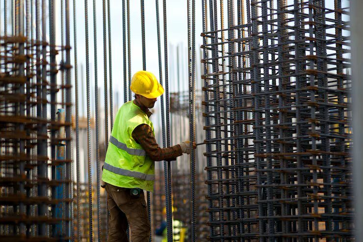 Site worker tying reinforcing steel on a concrete structure